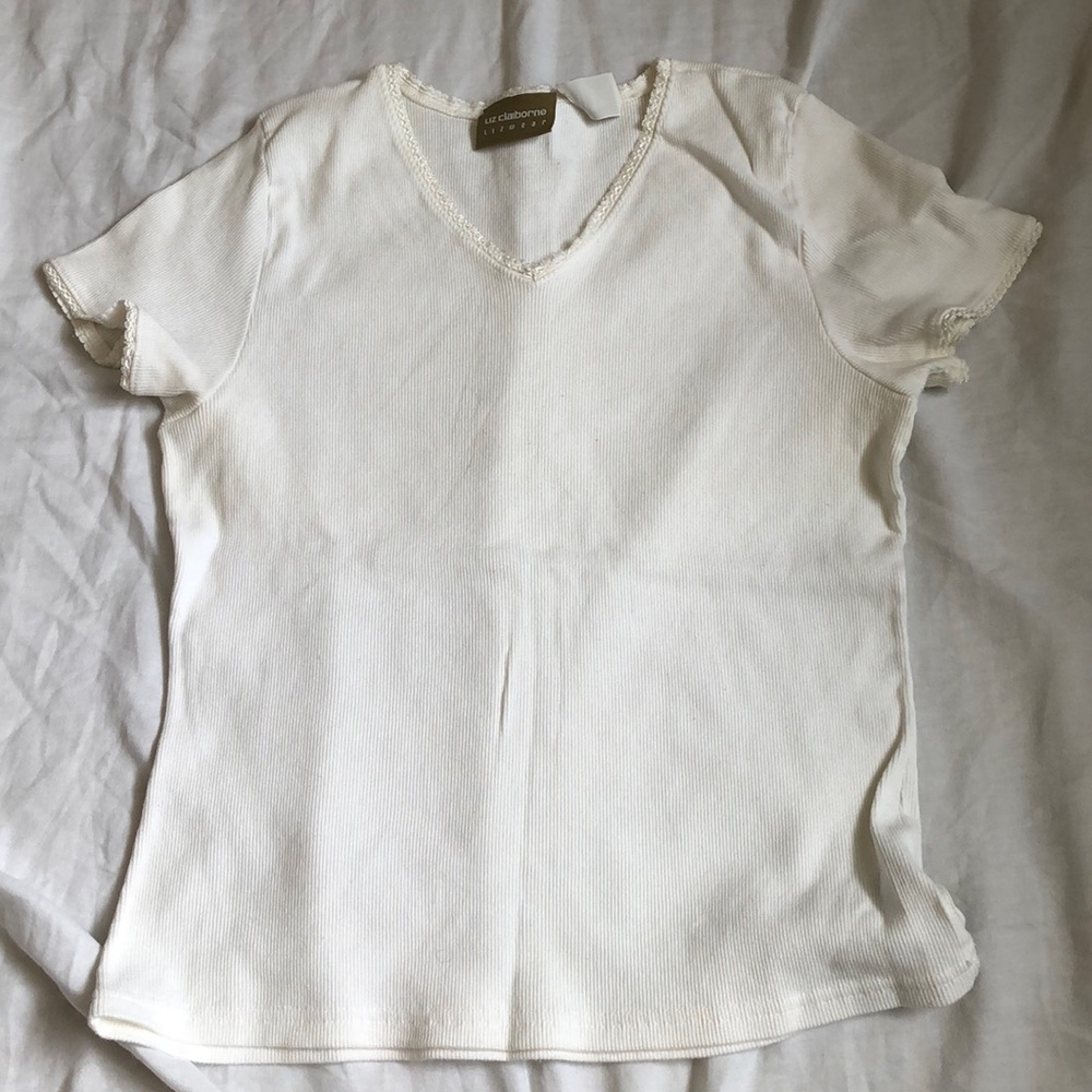 White Ribbed Tee with Lace Detailing